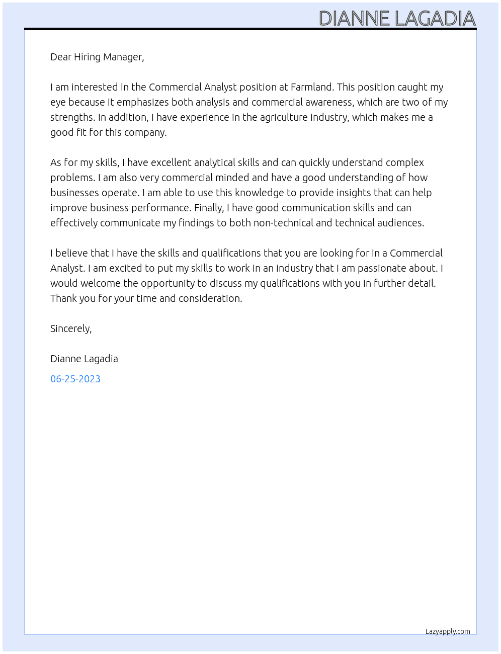  Commercial Analyst At Farmland Cover Letter