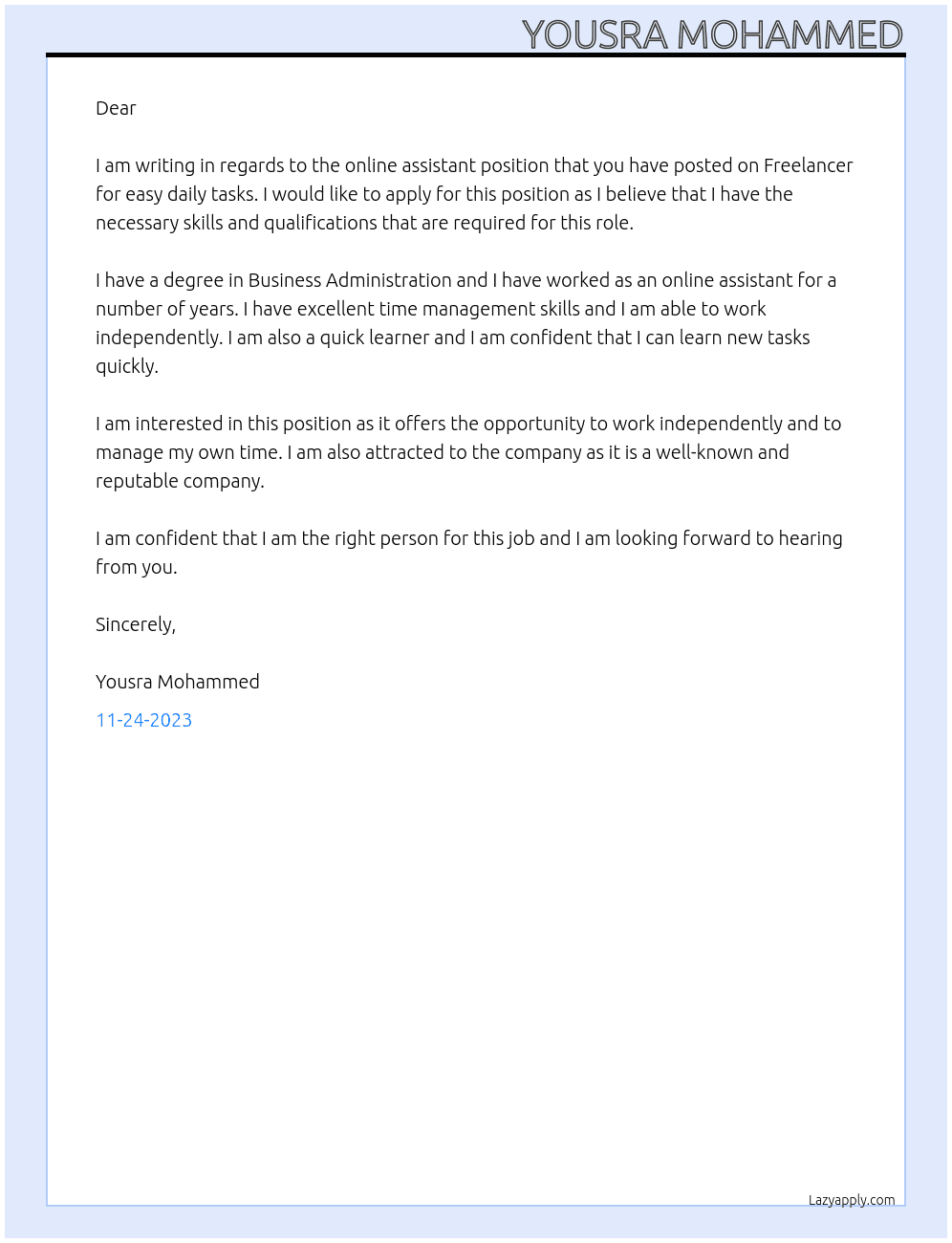 Online assistant  At Freelancer for easy daily task Cover Letter