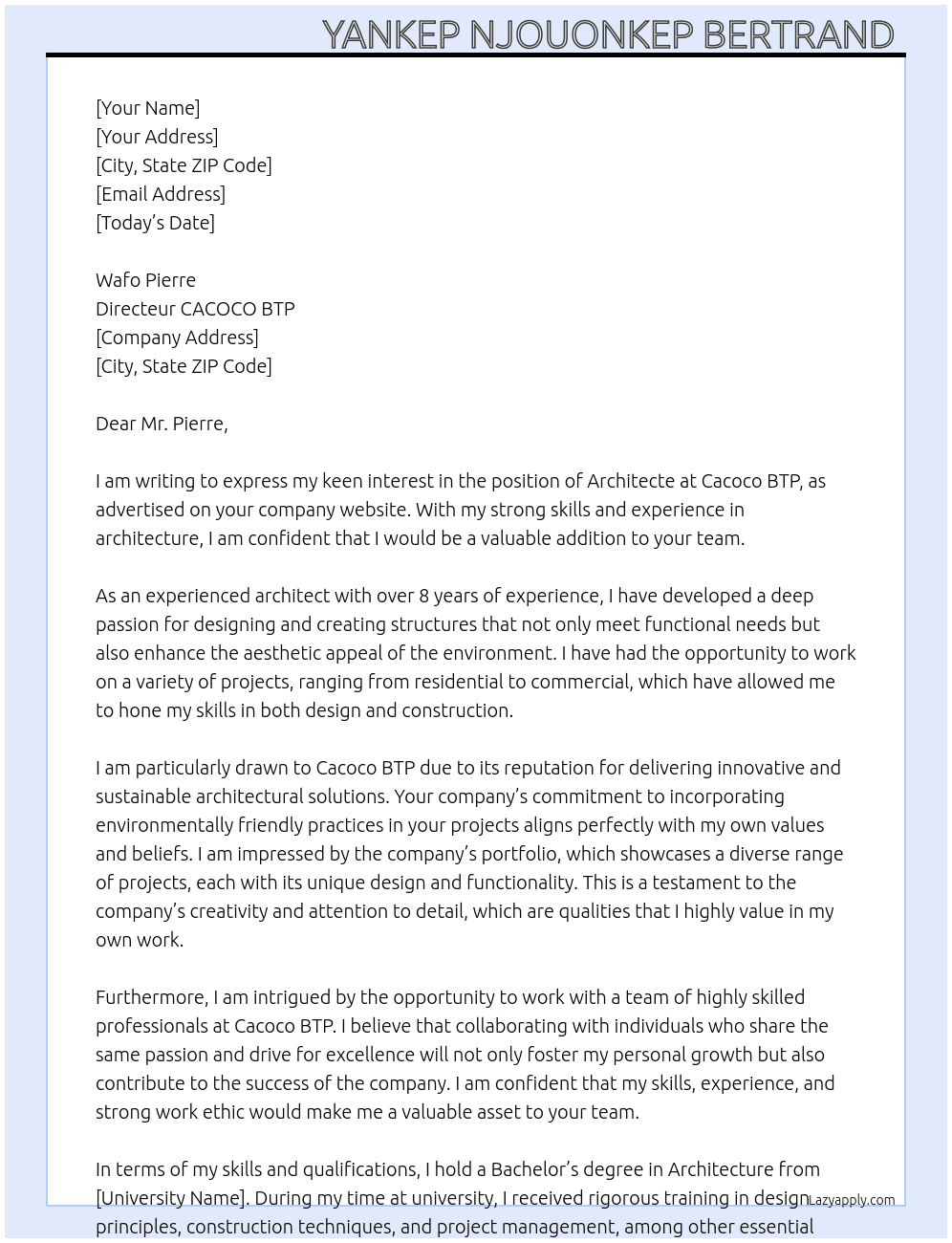 Architecte  At Cacoco BTP Cover Letter