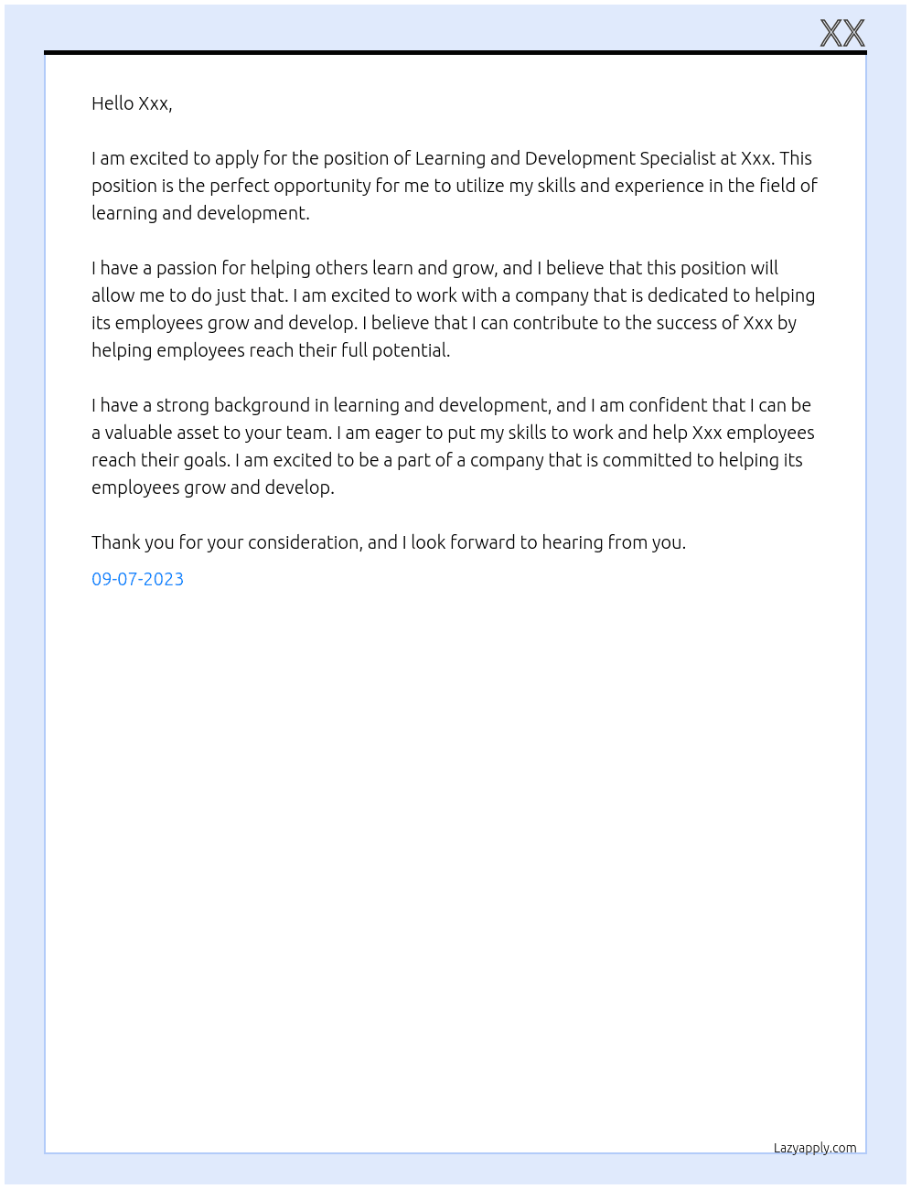 Learning and development specialist At Xxx Cover Letter