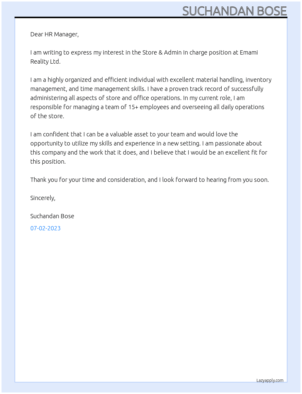  Store & Admin In charge At Emami Reality Ltd. Cover Letter