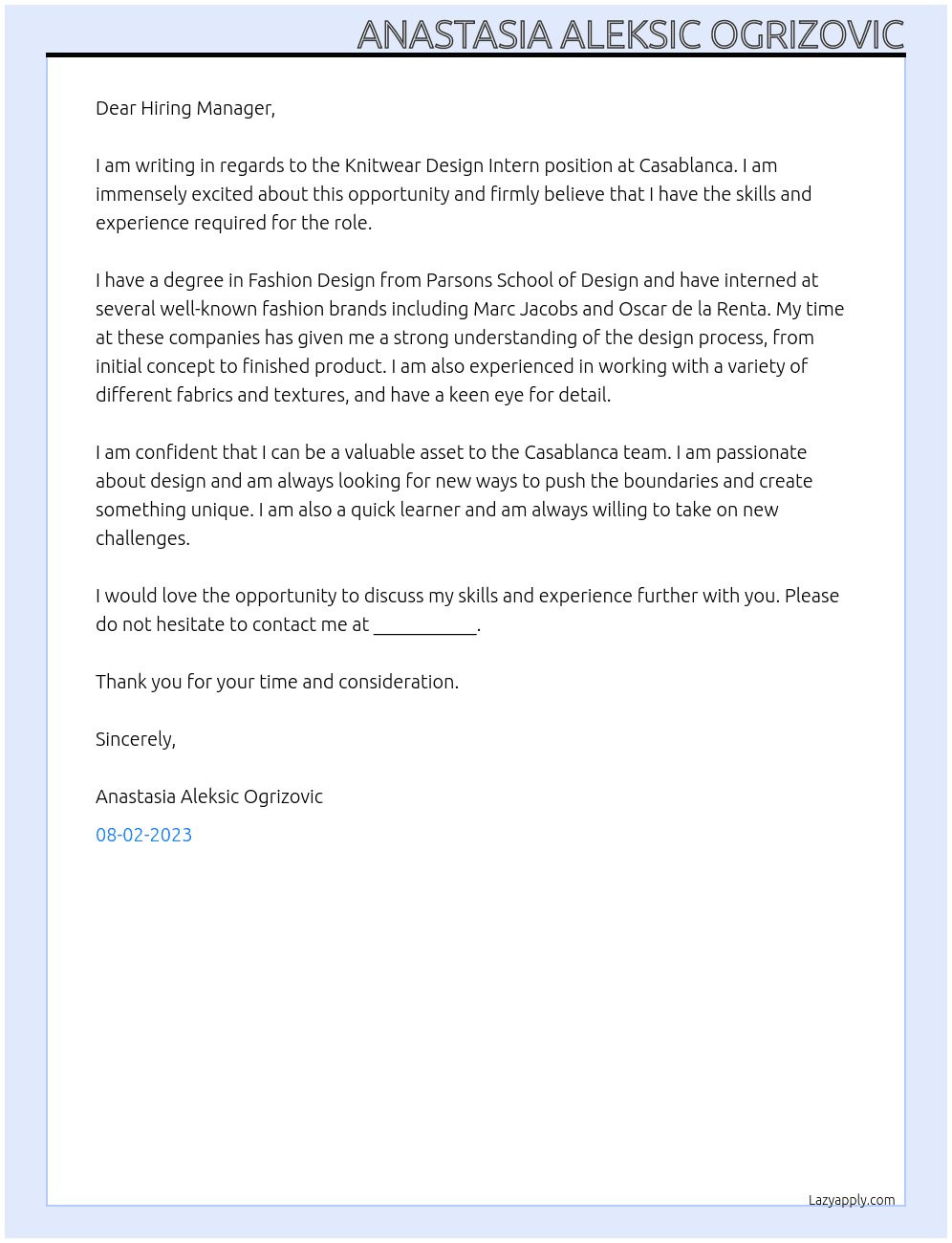 Knitwear Design Intern At Casablanca Cover Letter