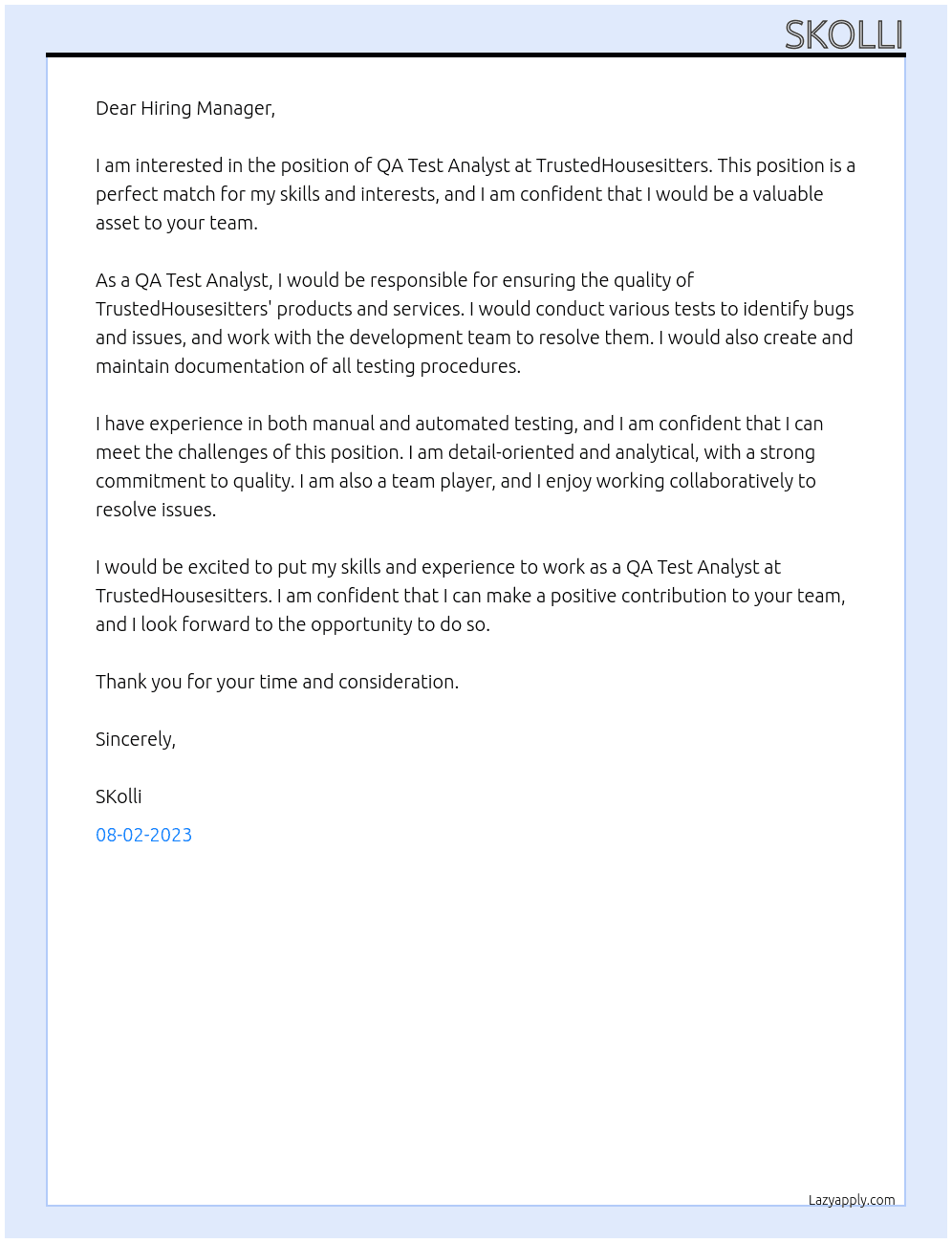 QA Test Analyst At TrustedHousesitters Cover Letter