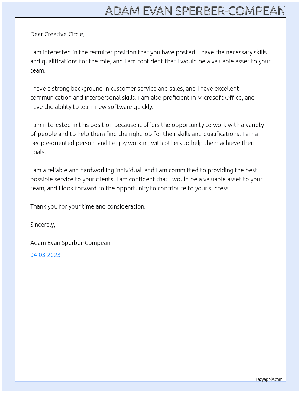 Recruiter At Creative Circle Cover Letter