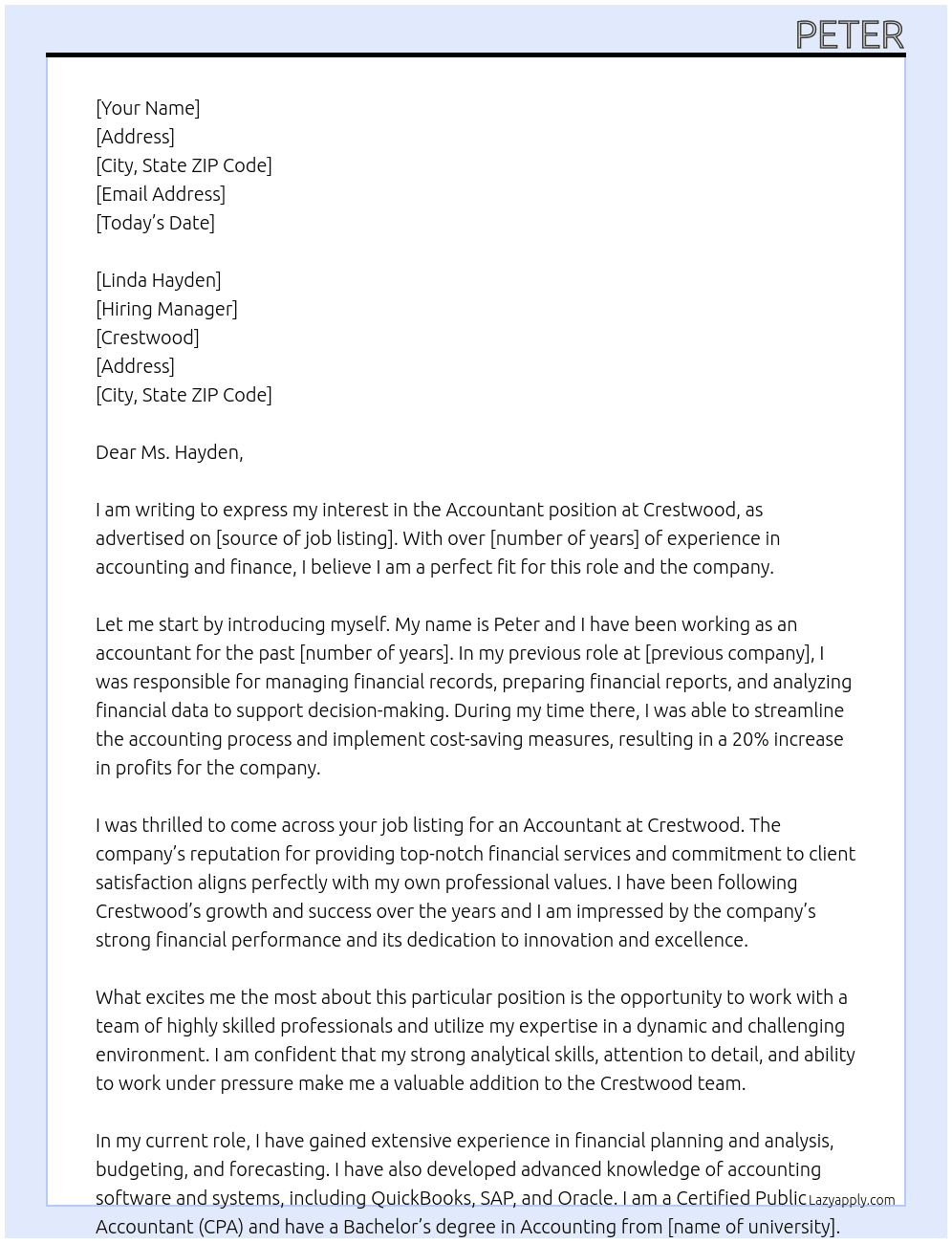 Accoutant At Crestwood Cover Letter