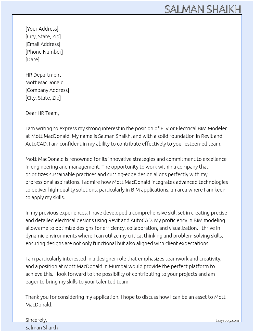 Cover letter for elv or electrical bim modeler - LazyApply