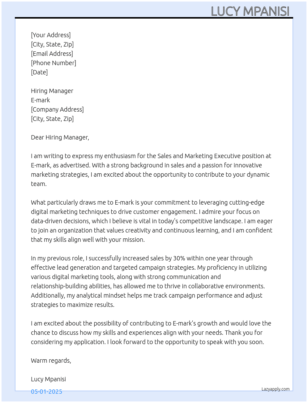 Sales and marketing executive  At E-mark Cover Letter