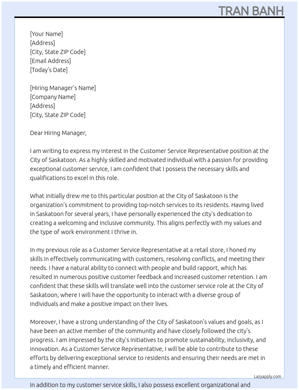 Customer Service Representative At City of Saskatoon Cover Letter