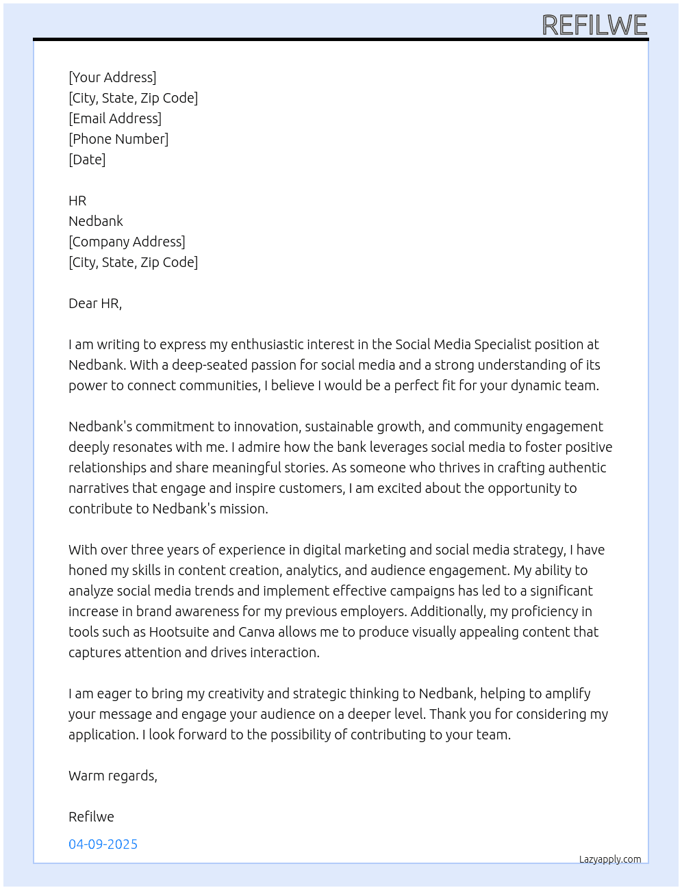 Social media specialist At Nedbank Cover Letter