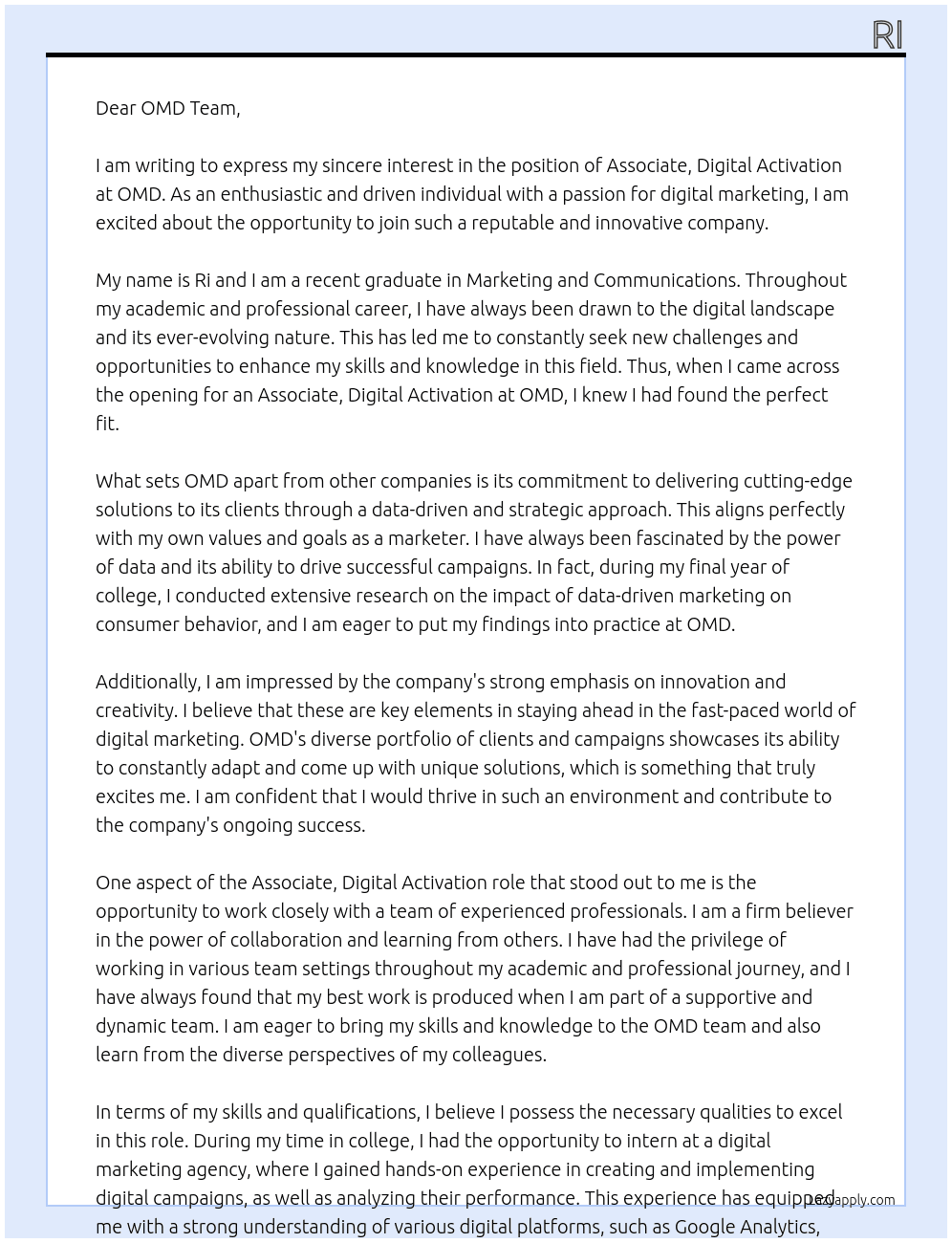 Associate, Digital Activation At OMD Cover Letter
