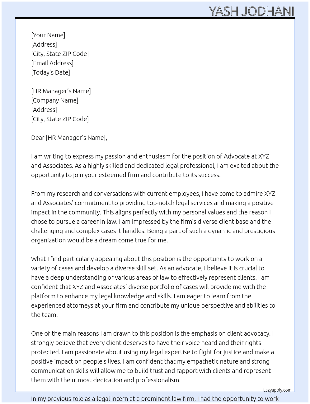 Advocate At XYZ and associates  Cover Letter