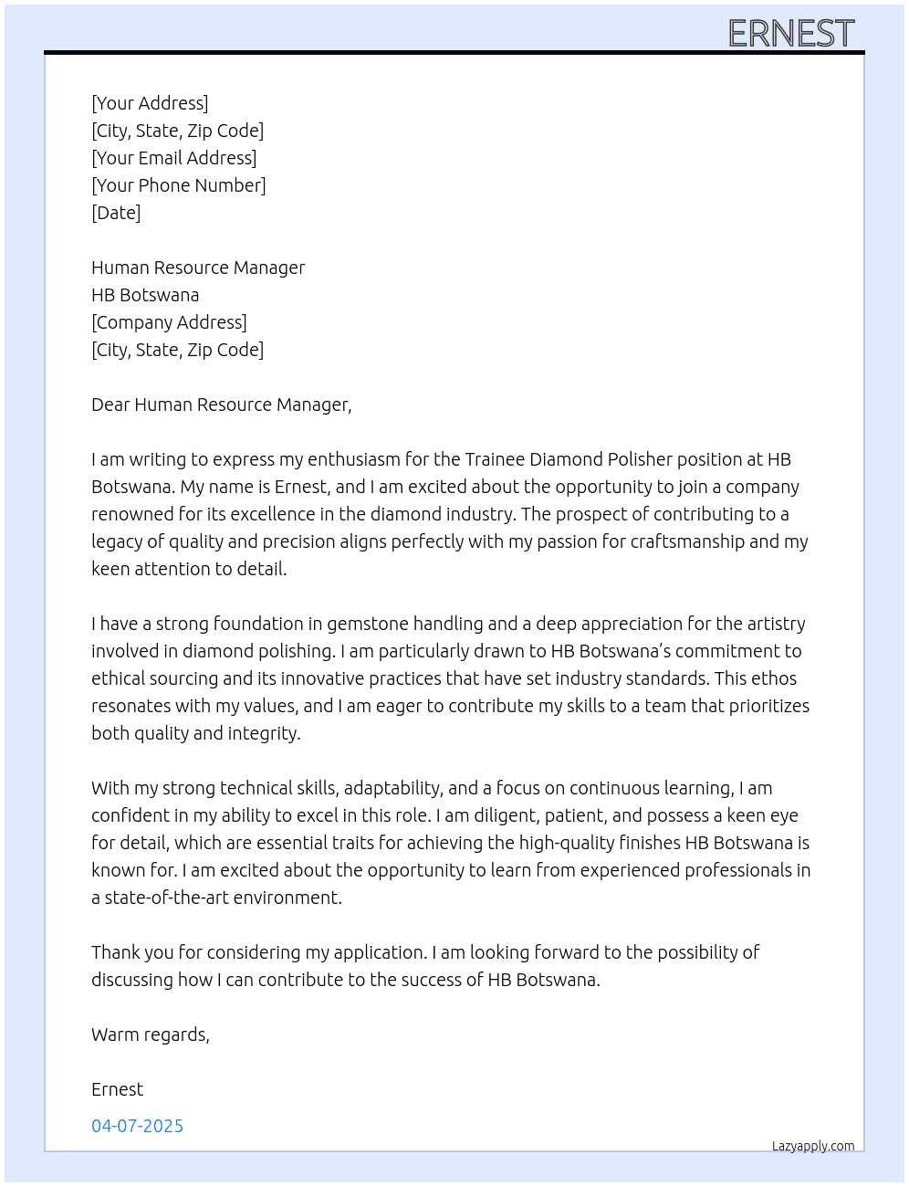 Trainee diamond polisher At HB Botswana Cover Letter