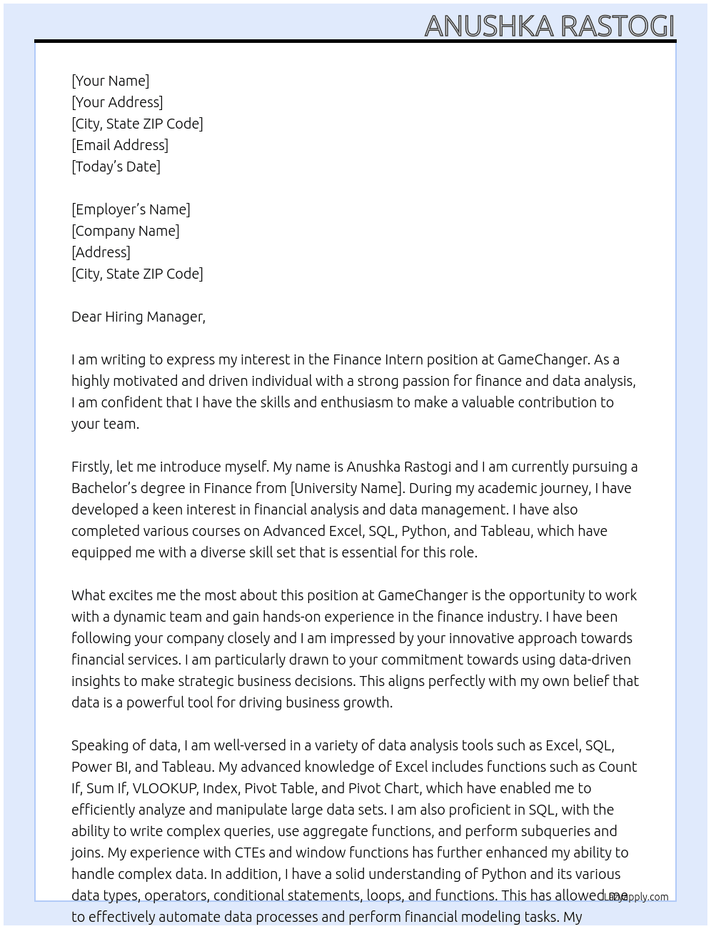 Finance Intern At GameChanger: Cover Letter