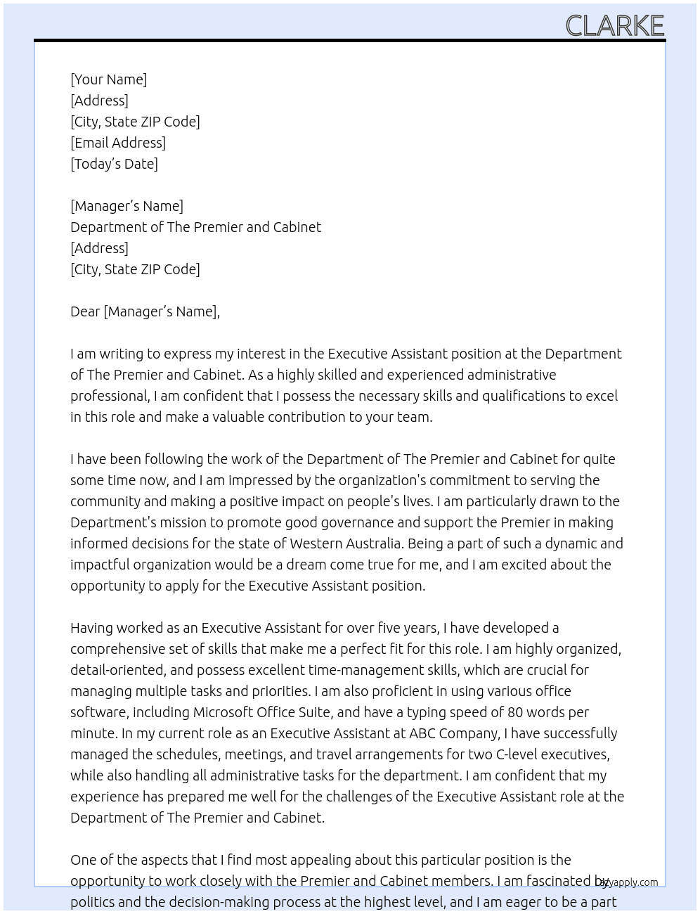 Executive assistant  At Department of The Premier and Caninet Cover Letter