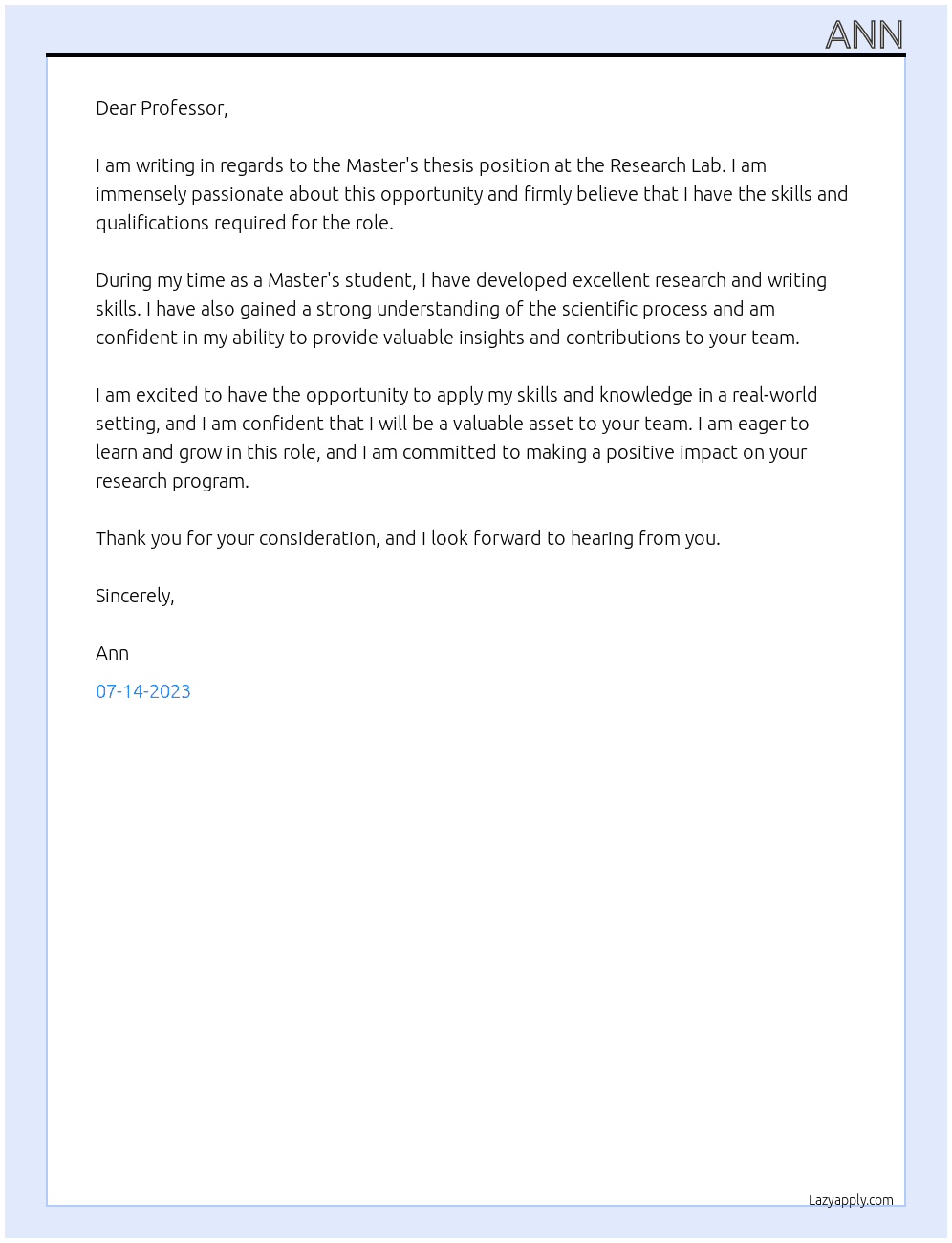 Master's thesis student At Research Lab Cover Letter