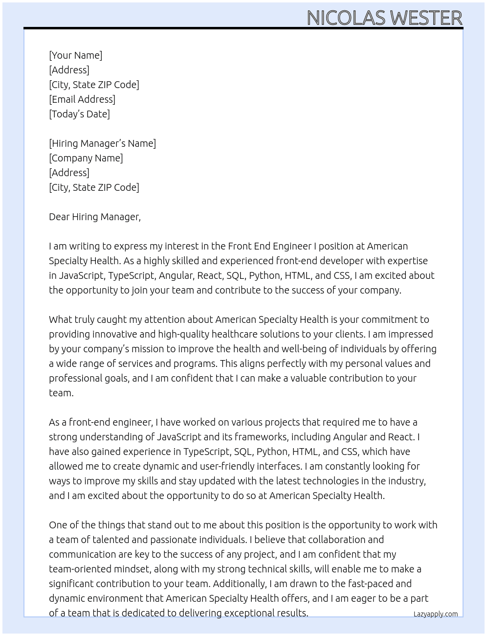Front End Engineer I At American Specialty Health Cover Letter