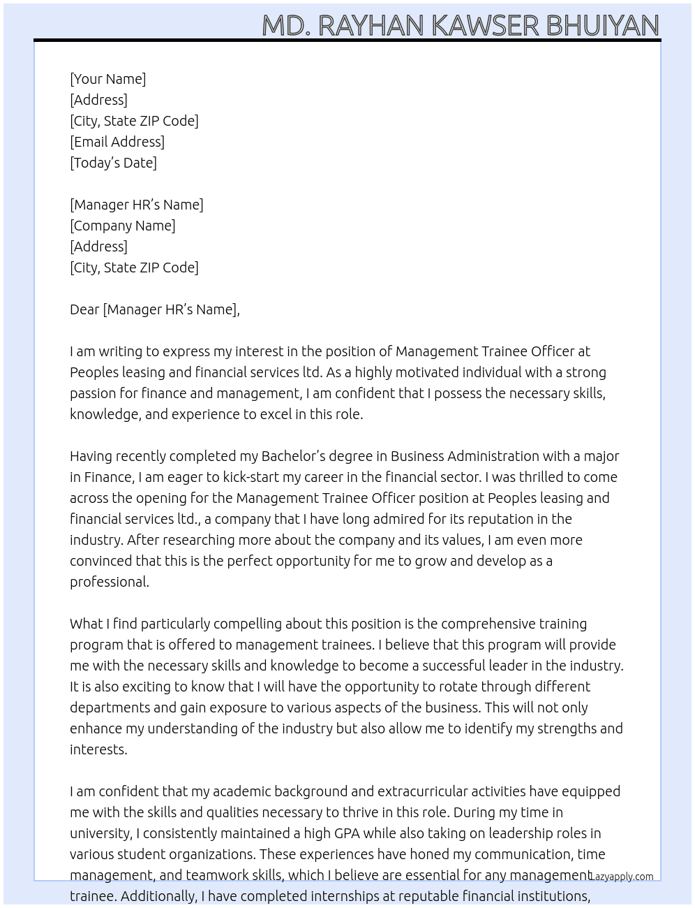 Management Trainee Officer At Peoples leasing and financial services ltd. Cover Letter