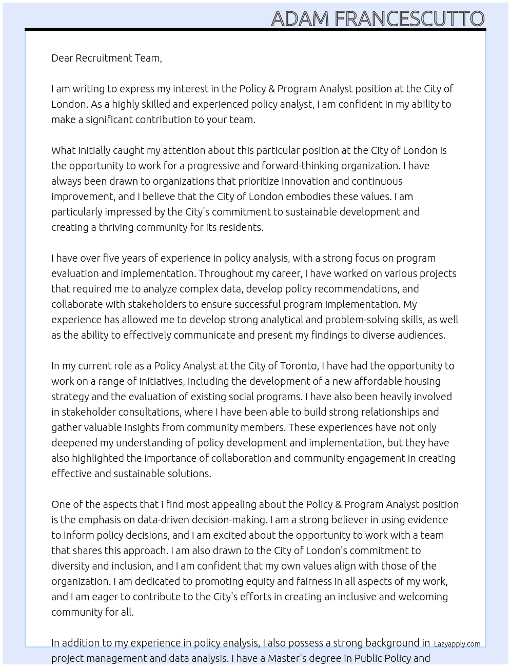  Policy & Program Analyst At City of London Cover Letter