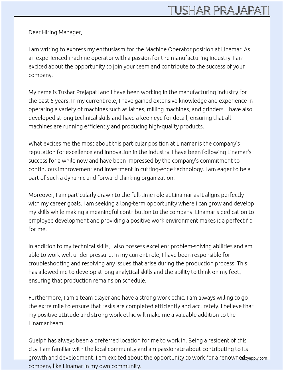 Machine Operator At Linamar Cover Letter