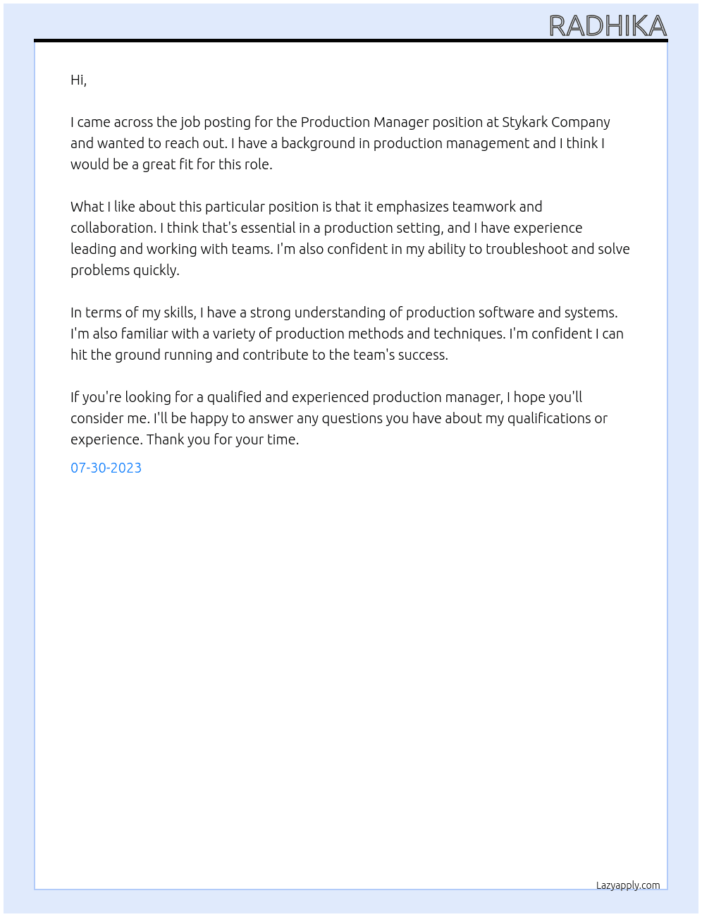 Crafting an Effective Cover Letter for the Production Manager Position at Stykark  Company, Bangalore At Stykark  Cover Letter