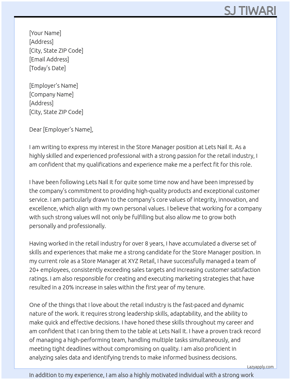Store manager At Lets nail it Cover Letter