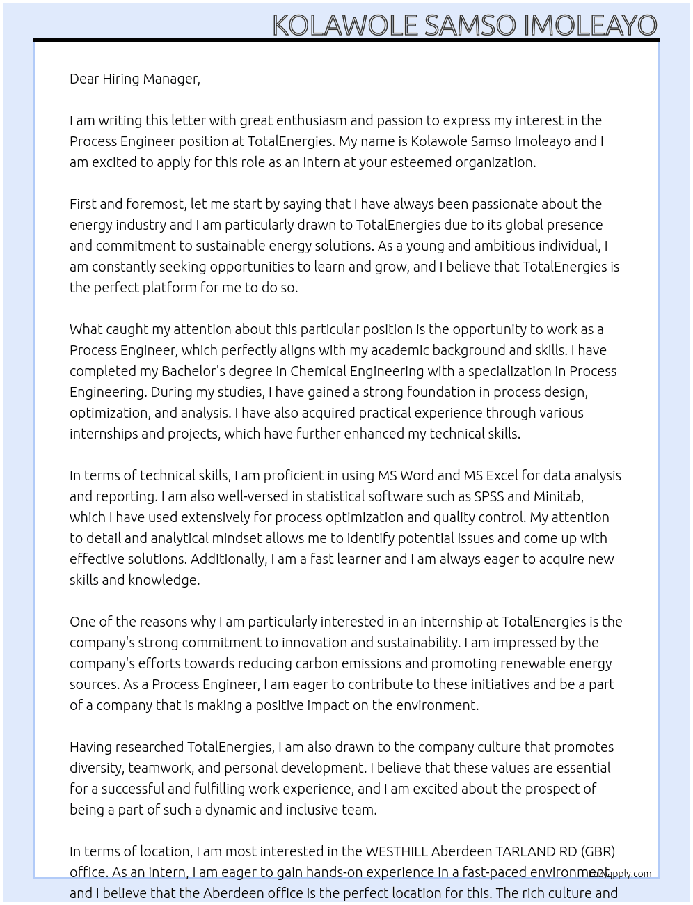 Process Engineer At TotalEnergies Cover Letter