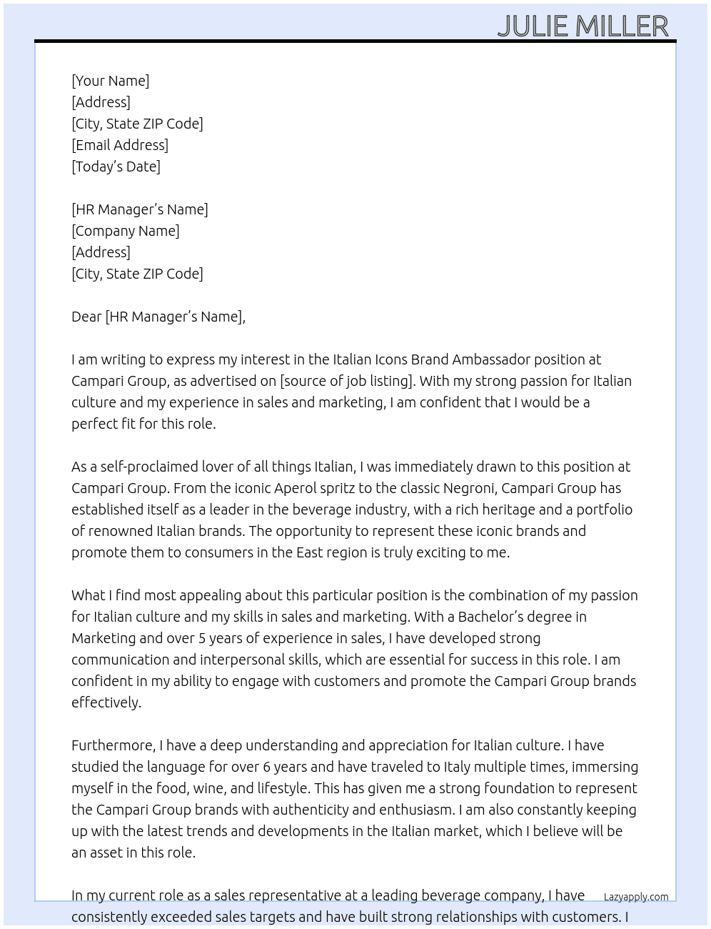  Italian Icons Brand Ambassador, East At Campari Group Cover Letter