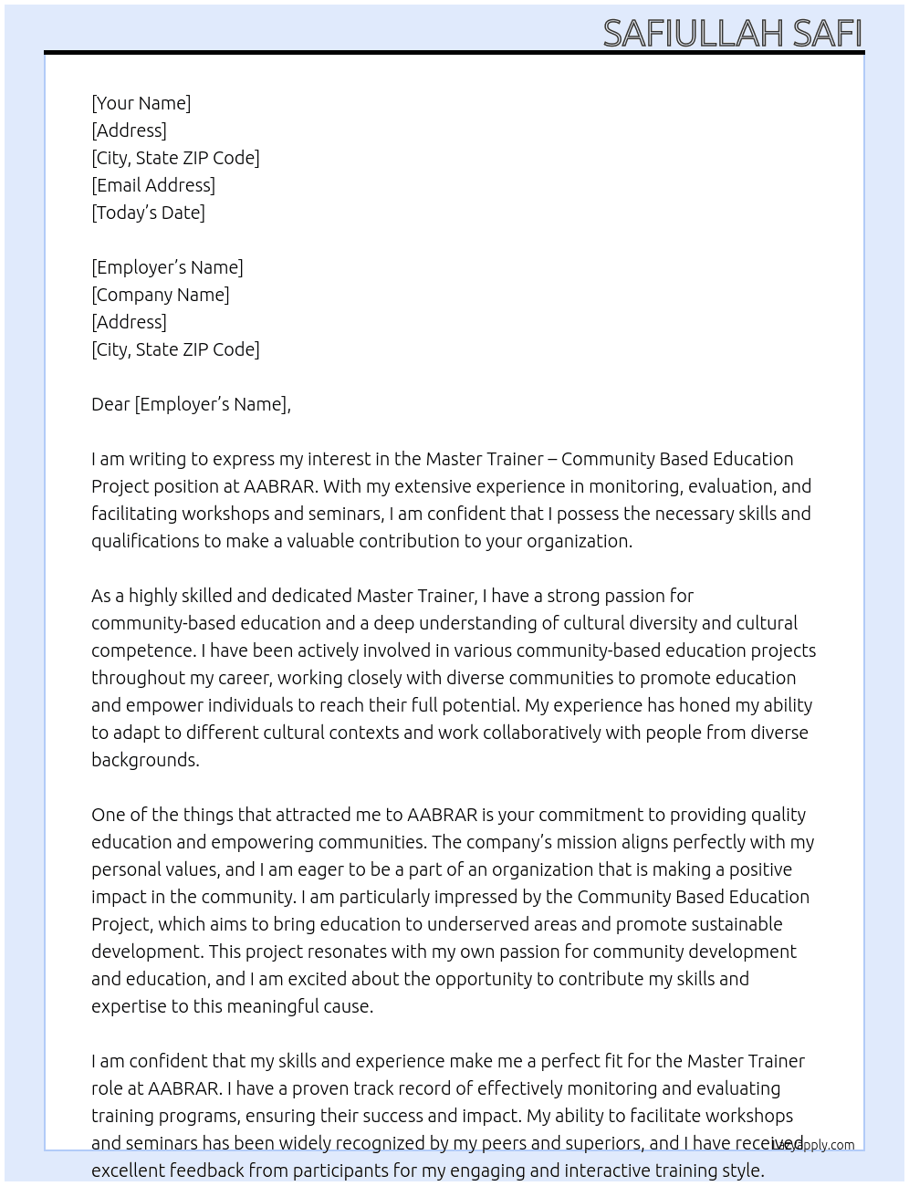 Master Trainer – Community Based Education Project At AABRAR Cover Letter
