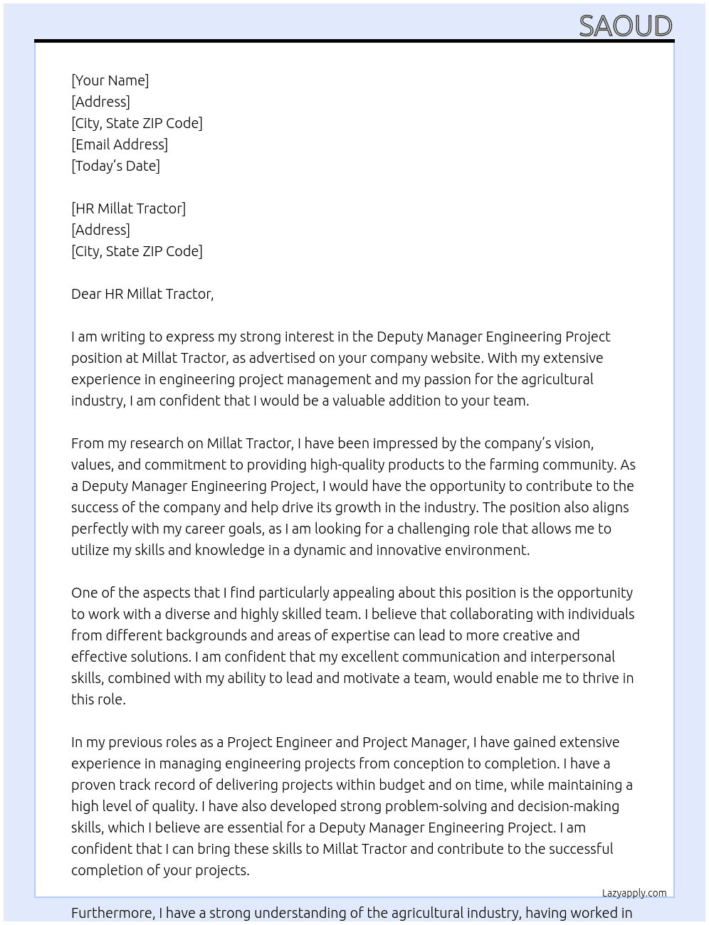 Deputy Manager Engineering Project   At Millat Tractor Cover Letter
