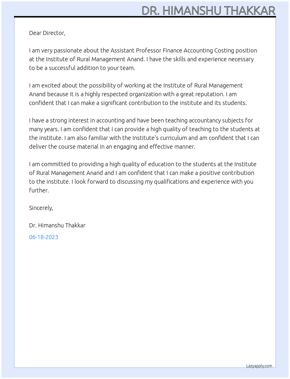 Assistant Professor Finance Accounting Costing  At Institute of Rural Management Anand Cover Letter