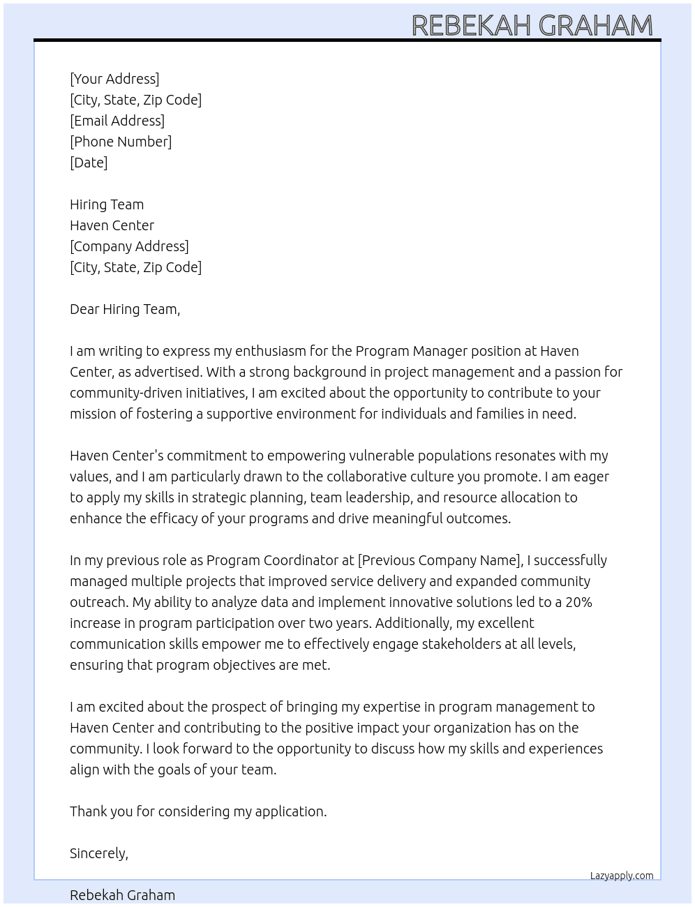Program Manager  At Haven Center Cover Letter
