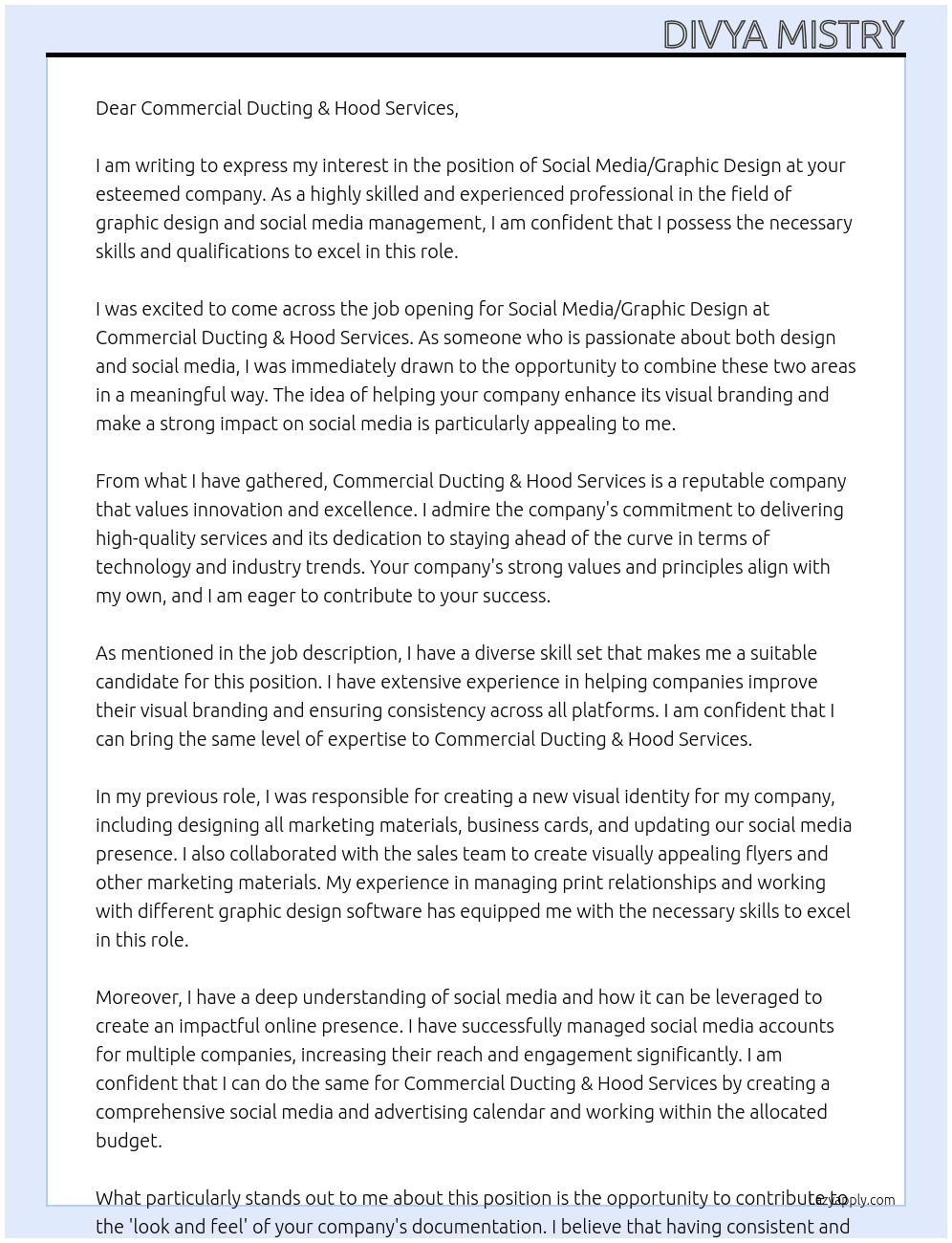 Social Media / Graphic Design At Commercial Ducting & Hood Services Cover Letter