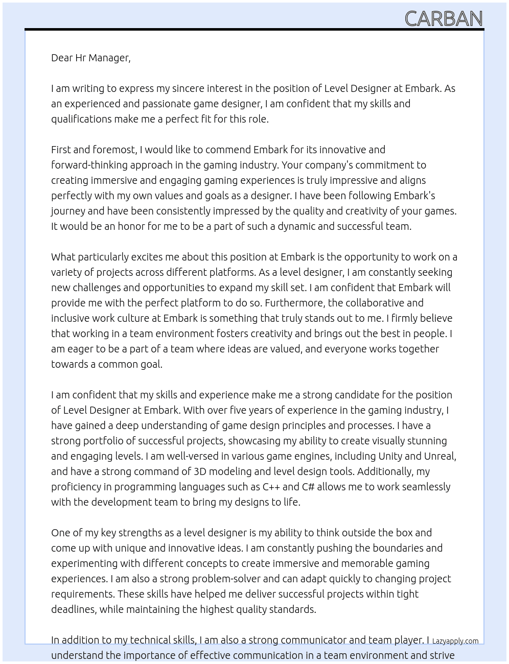 level designer At Embark Cover Letter