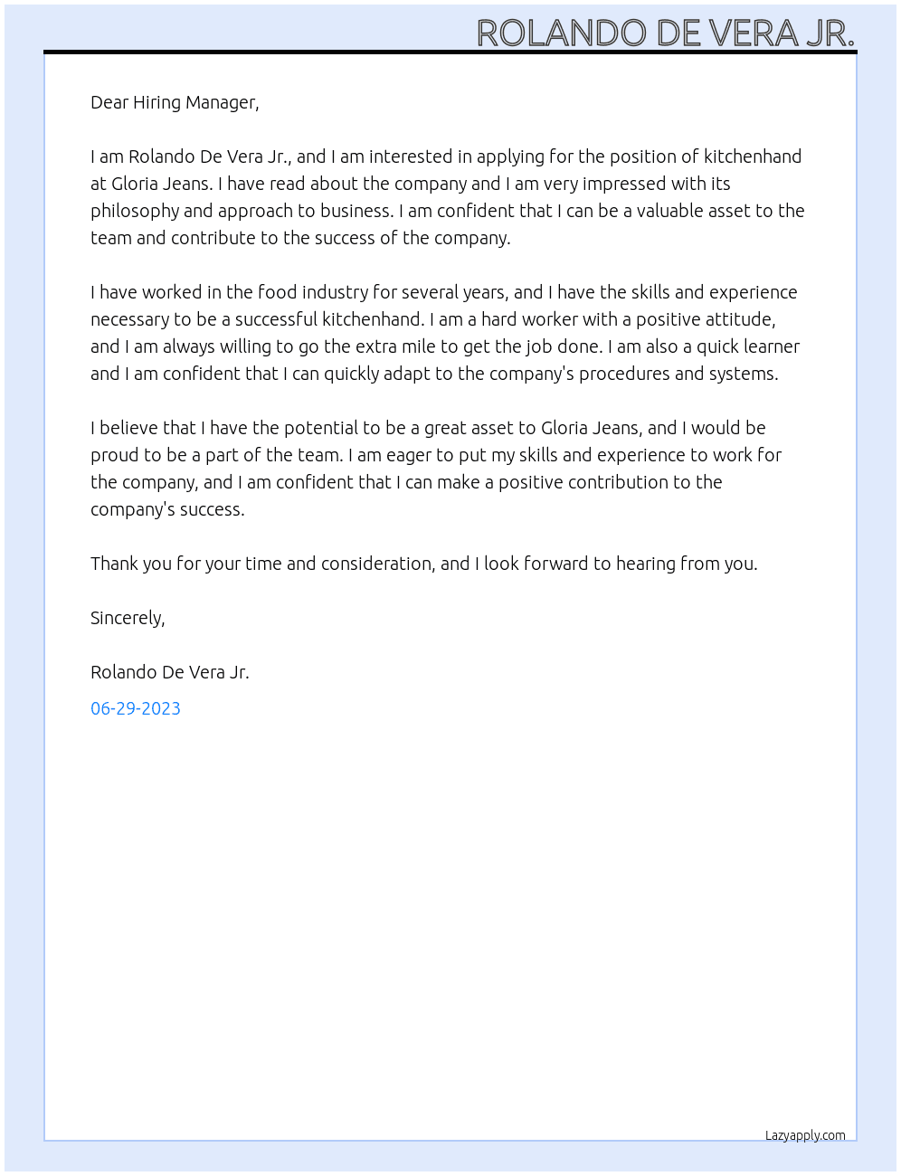 Kitchenhand At Gloria Jeans Cover Letter
