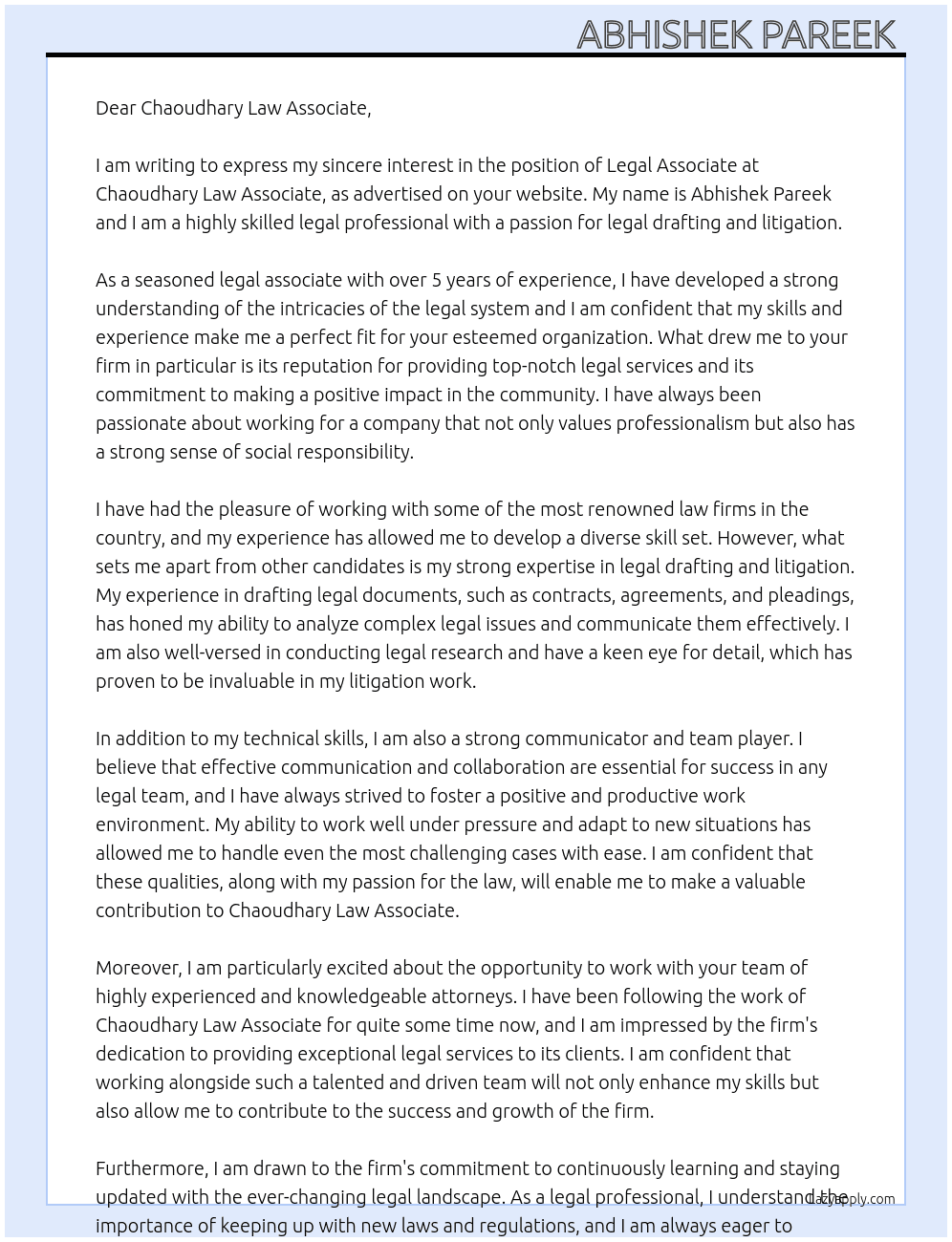 Legal Associate  At Chaoudhary law associate Cover Letter