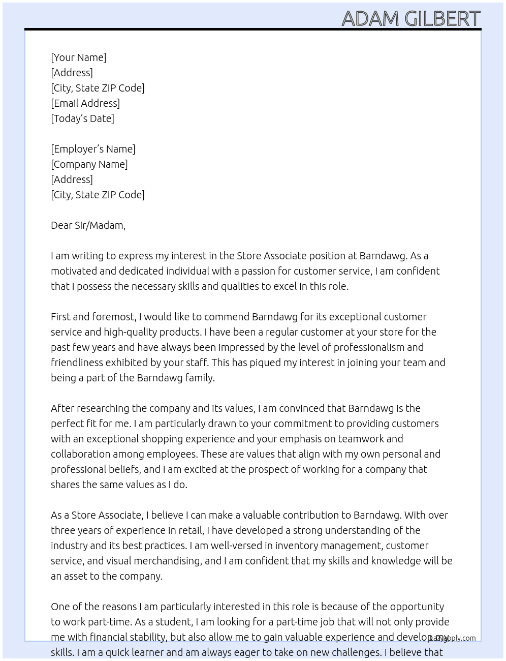 Store associate  At Barndawg Cover Letter