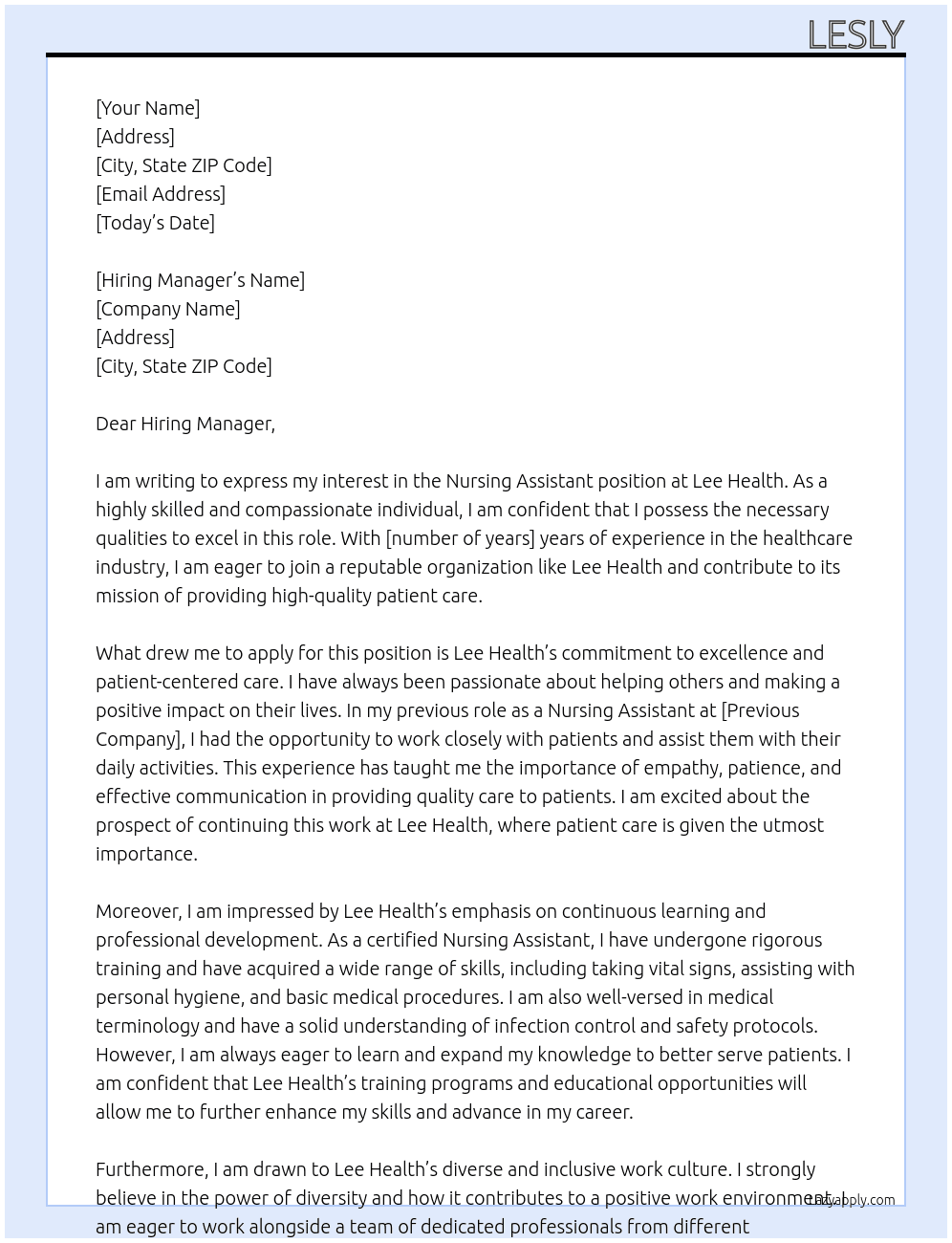 Nursing Assistant  At Lee Health Cover Letter