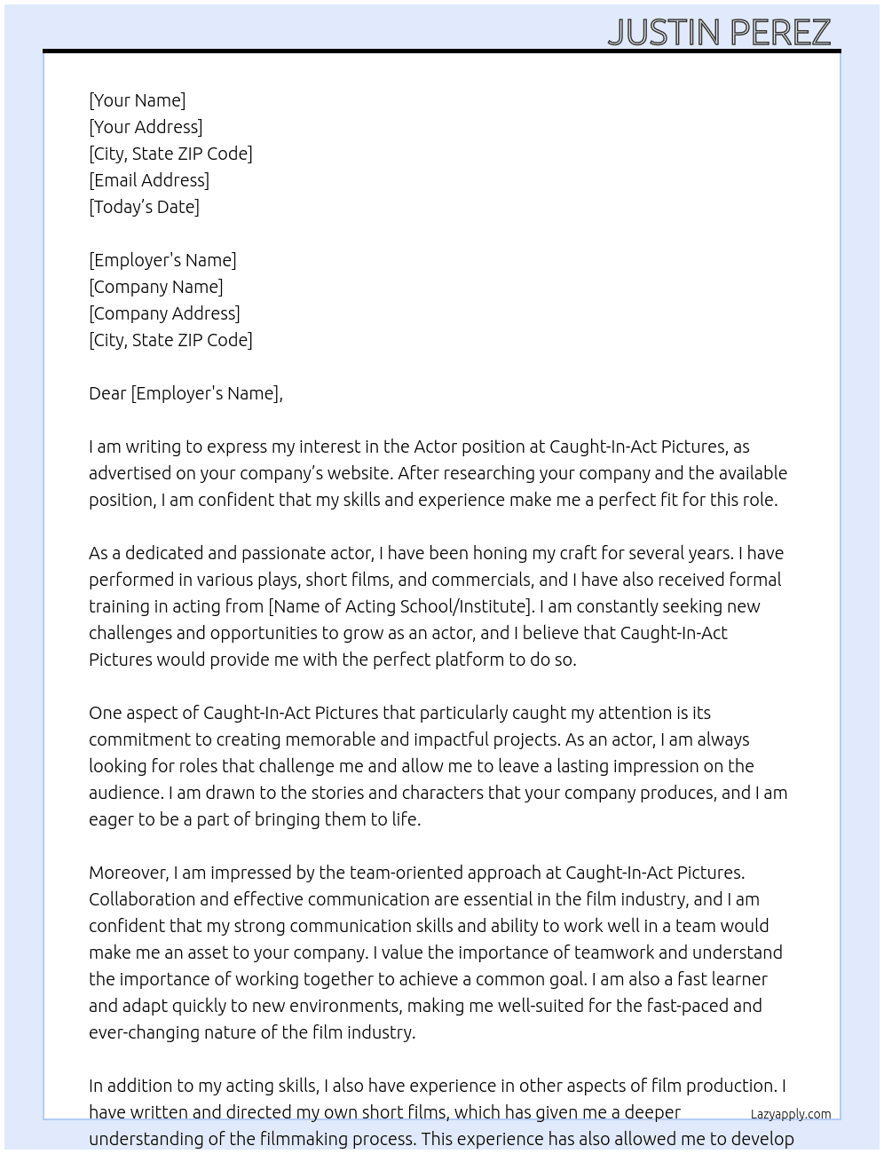Actor  At Caught-In-Act Pictures  Cover Letter