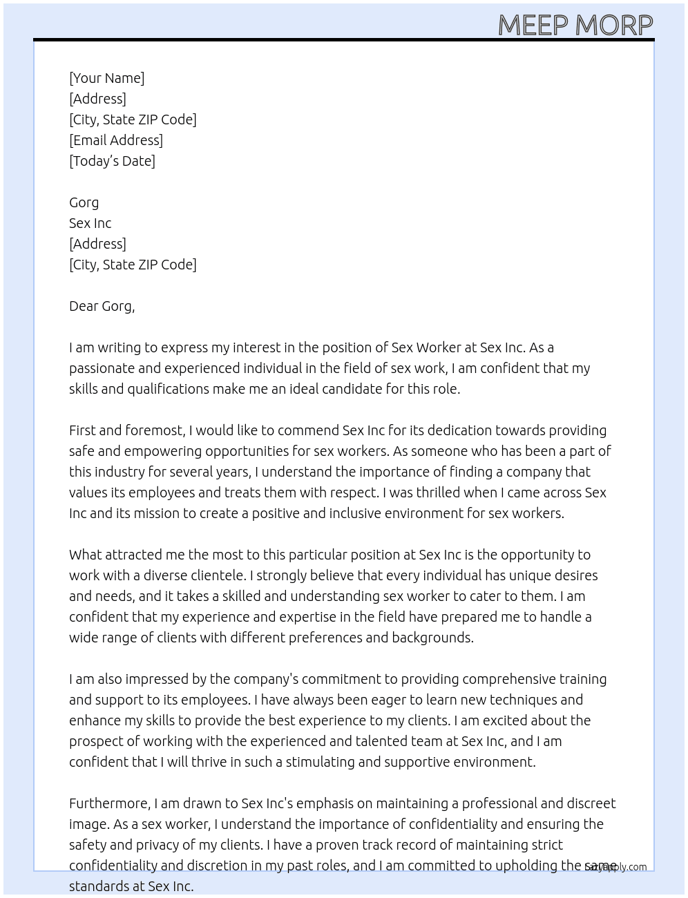 Sex worker At sex inc Cover Letter