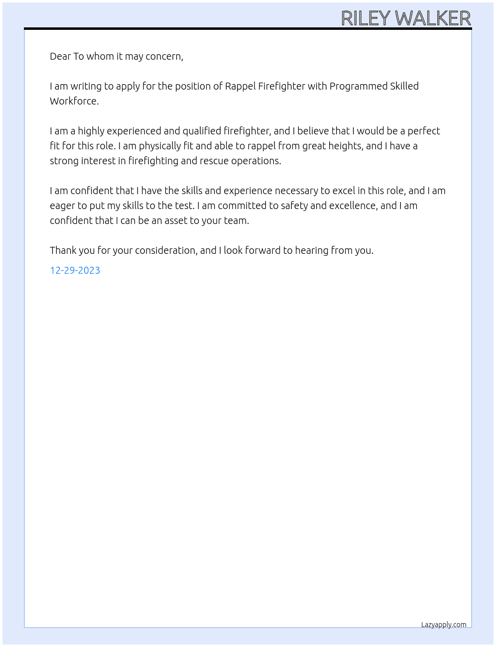 Rappel Firefighter At Programmed Skilled Workforce Cover Letter