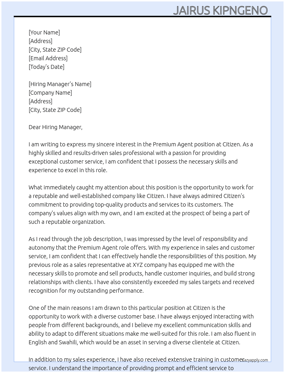 Premium agent  At Citizen  Cover Letter