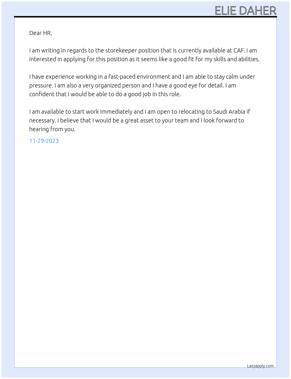 Storekeepr At CAF Cover Letter