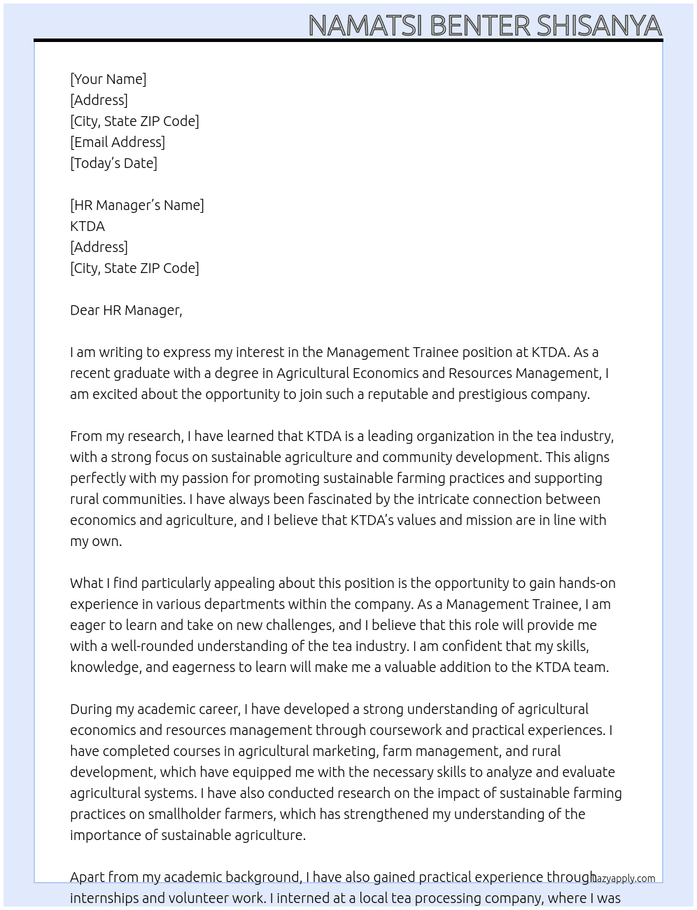 Management trainee  At KTDA Cover Letter