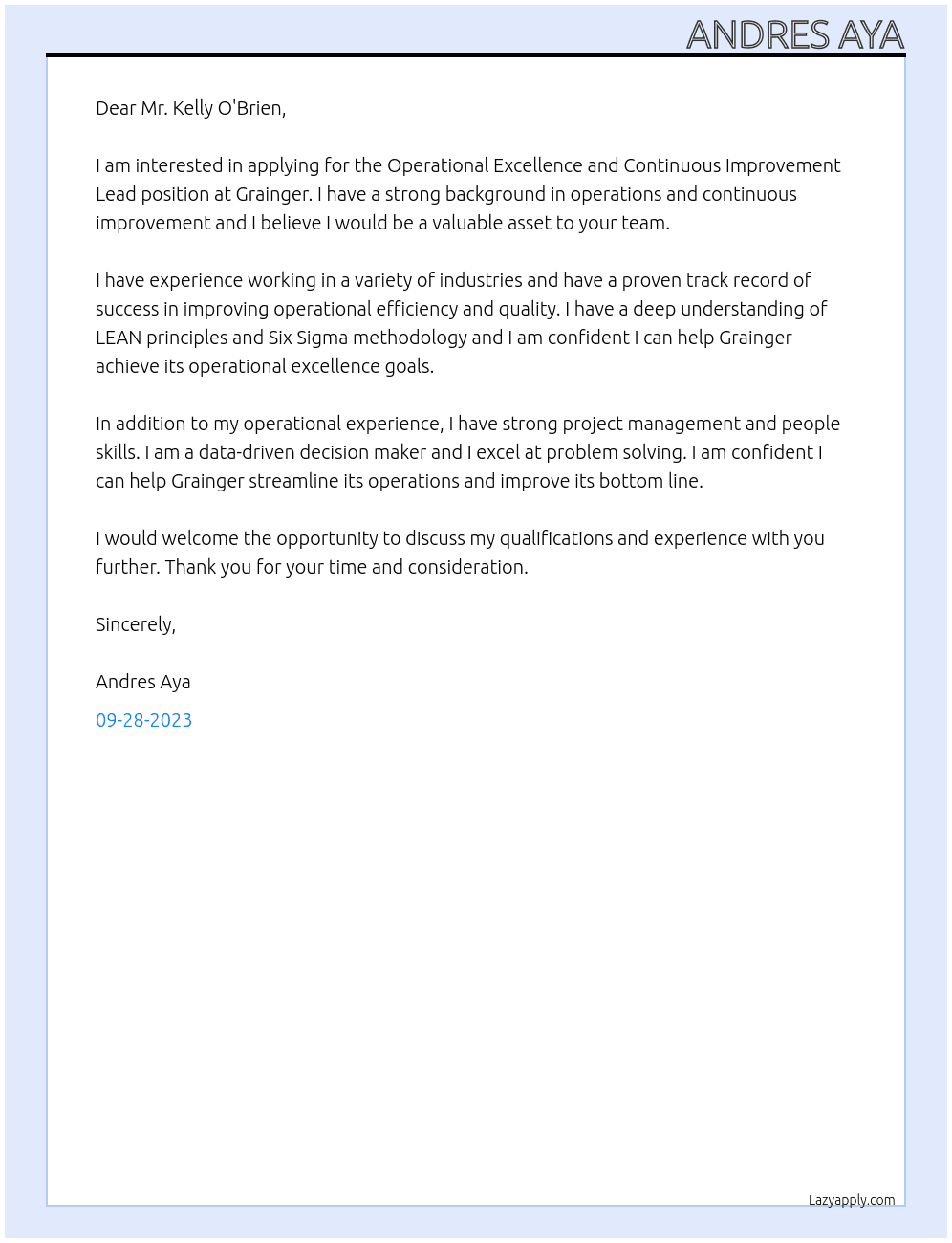 Operational Excellence and Continuous Improvement Lead At Grainger Cover Letter