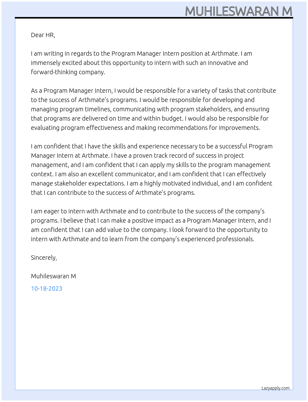 program manager intern At Arthmate Cover Letter