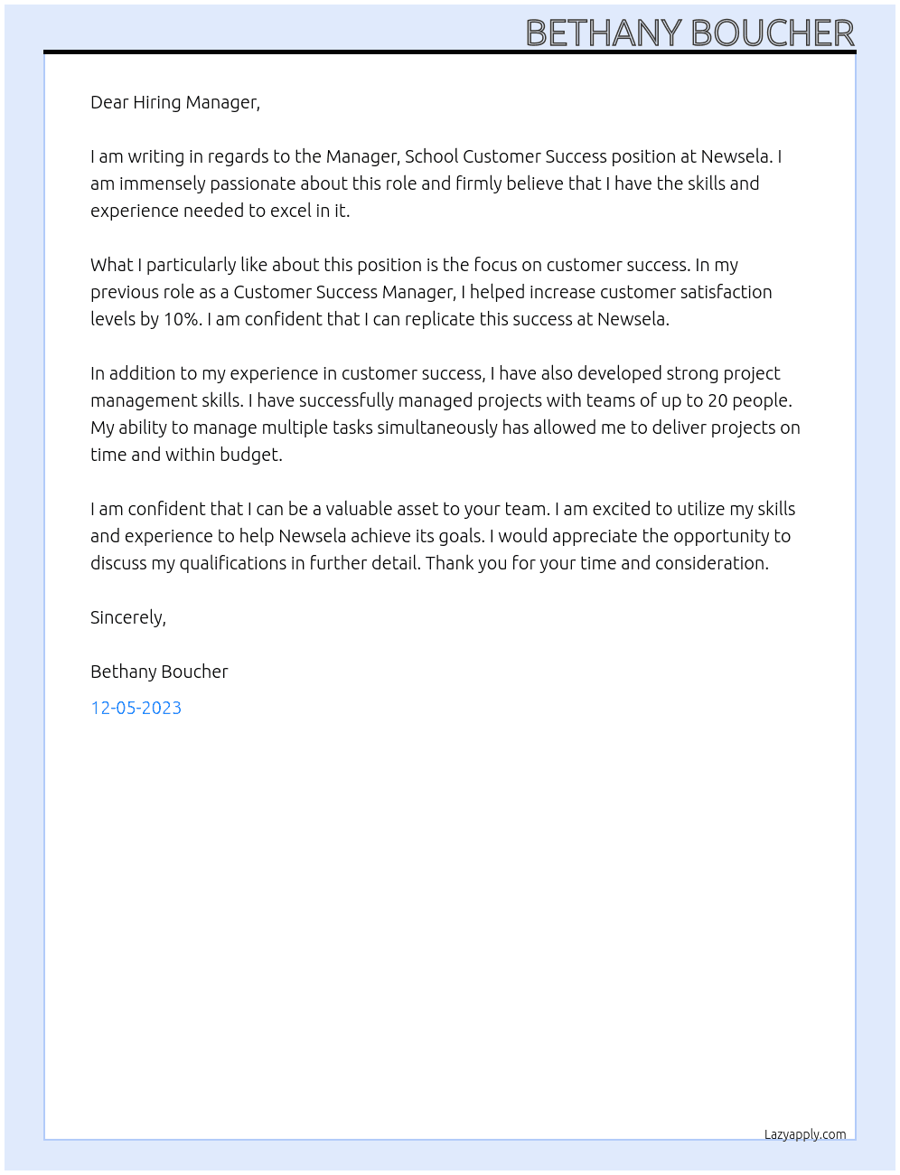 Manager, School Customer Success At Newsela Cover Letter