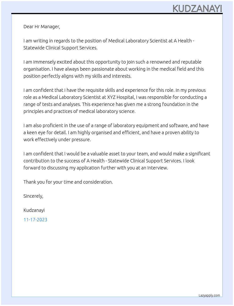 Medical Laboratory SCientist At A Health - Statewide Clinical Support Services Cover Letter