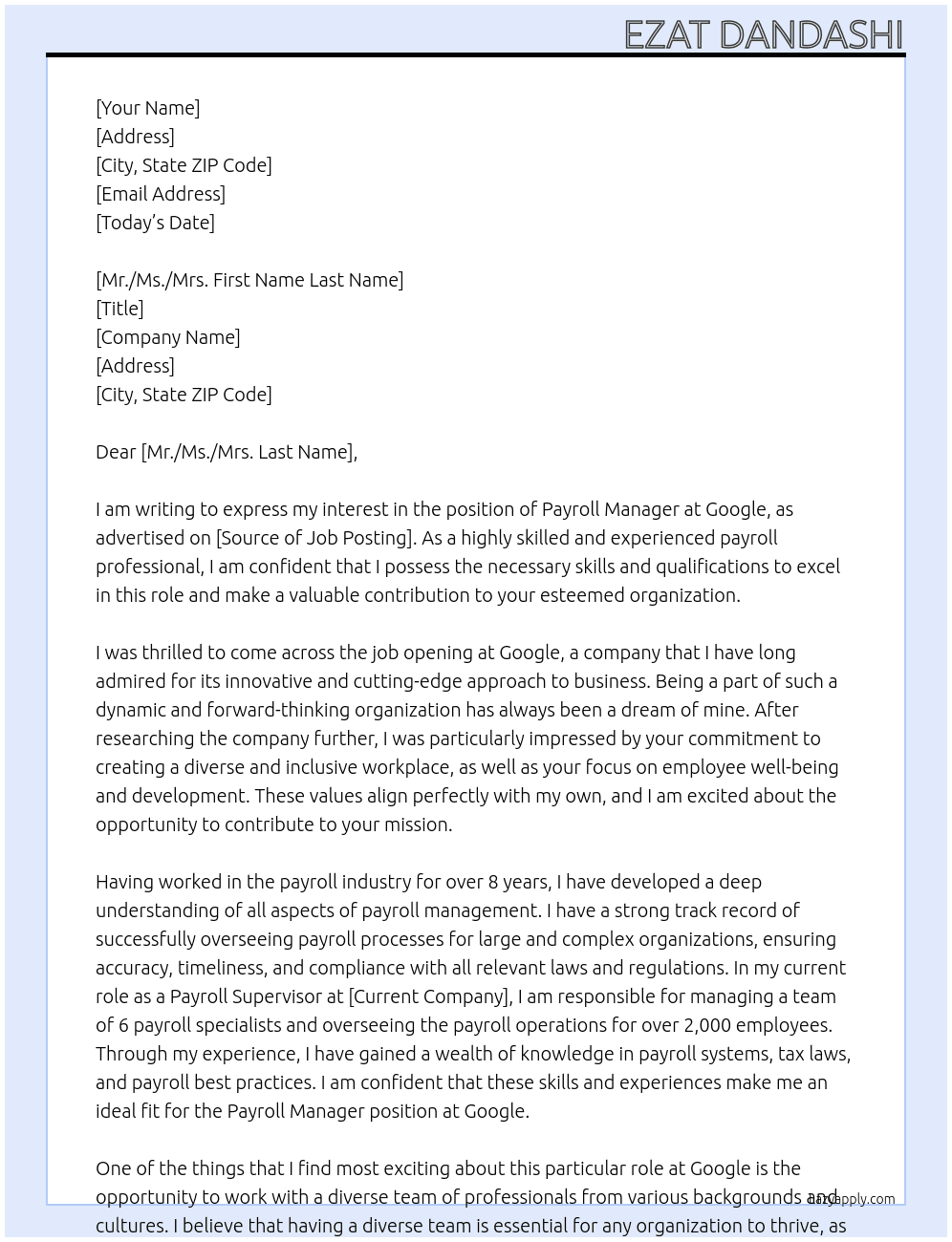 Cover letter for payroll manager - LazyApply