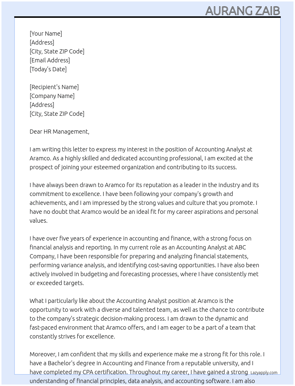 accounting analyst At Aramco Cover Letter