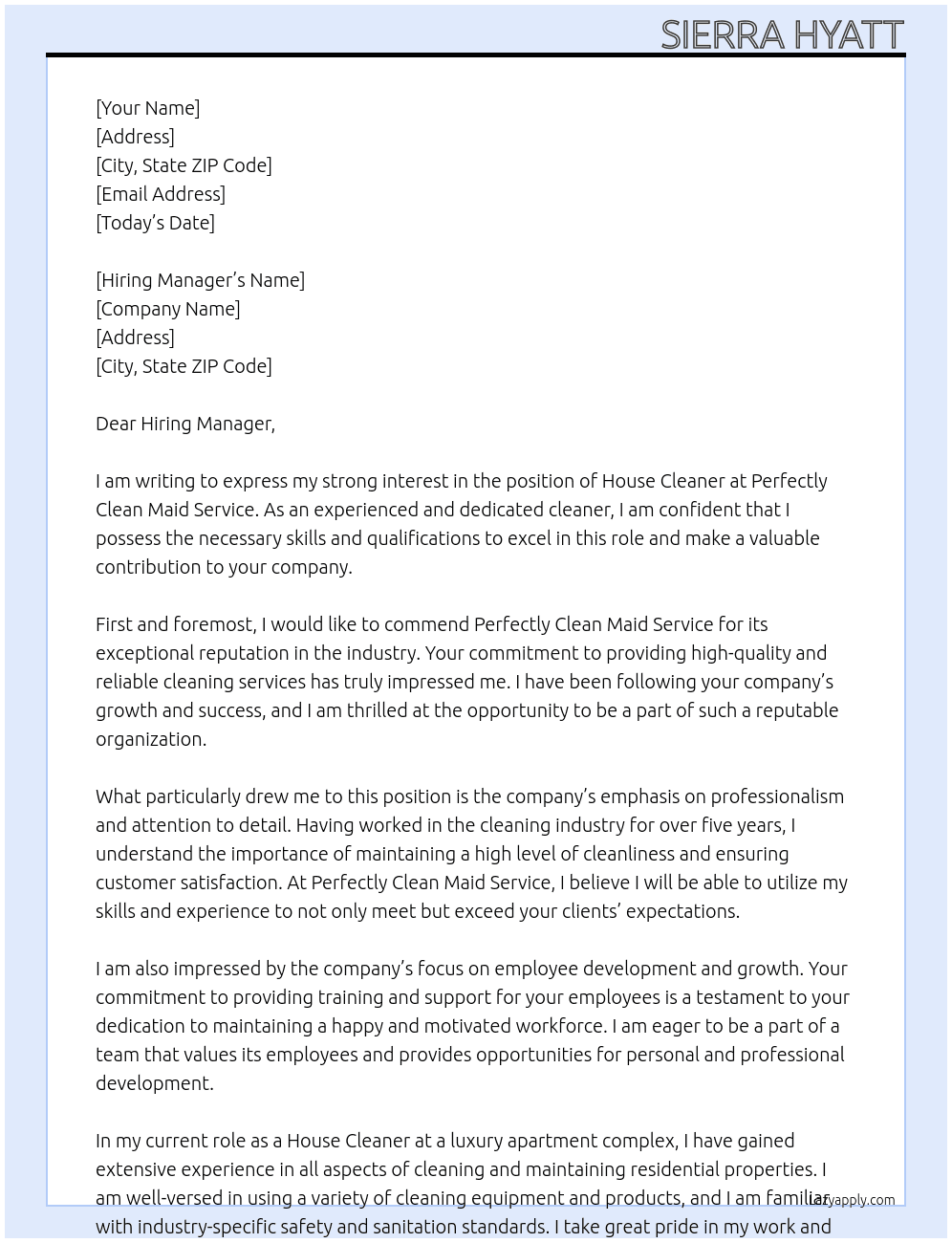 House Cleaner At Perfectly Clean Maid Service  Cover Letter